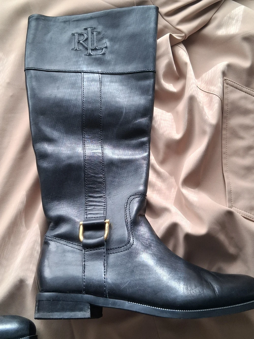 Ralph Lauren Black Leather Over-the-Knee Riding Boots with RL Embossed Shaft